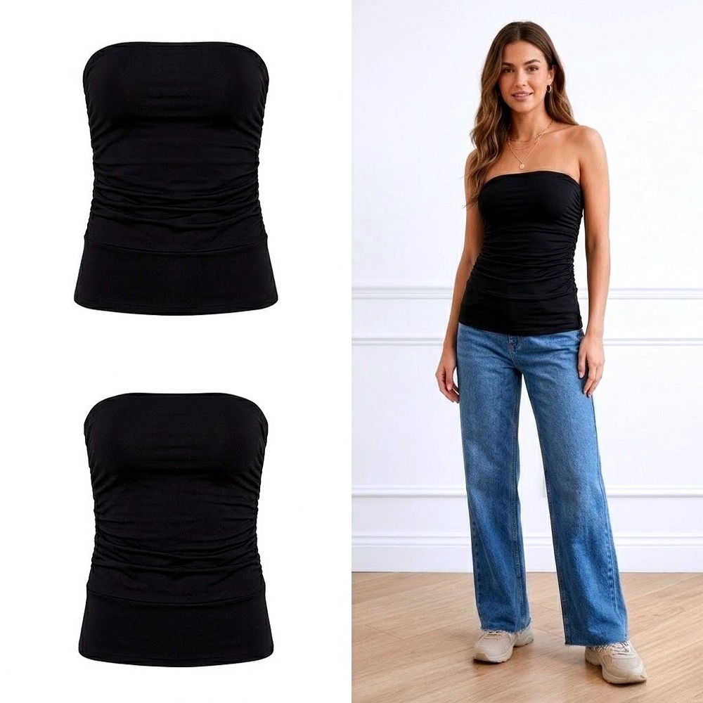 Vintage Lipsy London Y2K Ruched Tube Top Black Strapless Grunge Fairy Core Small